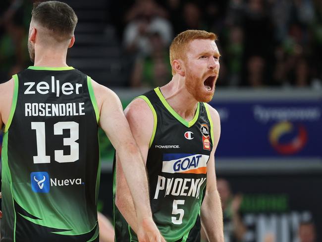 MELBOURNE, AUSTRALIA - FEBRUARY 16: Angus Glover of the Phoenix celebrates during the NBL Play-In match between South East Melbourne Phoenix and Adelaide 36ers at John Cain Arena, on February 16, 2025, in Melbourne, Australia. (Photo by Daniel Pockett/Getty Images)