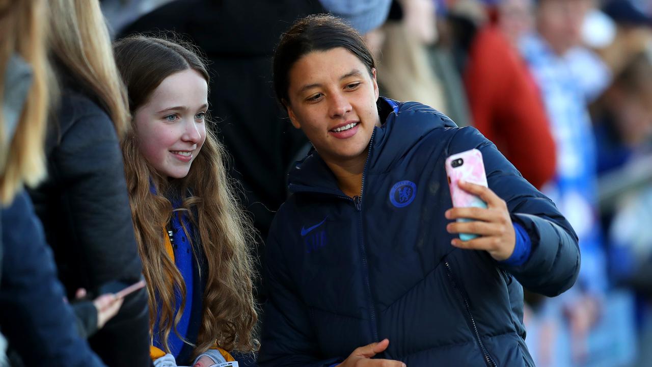 Sam Kerr takes a selfie with a Chelsea fan last year. Picture: Catherine Ivill/Getty Images