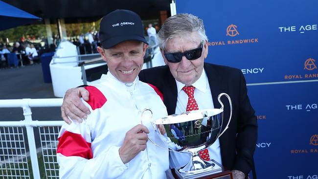 Les Bridge celebrates the win with jockey Kerrin McEvoy. Picture: Jeremy Ng/Getty Images