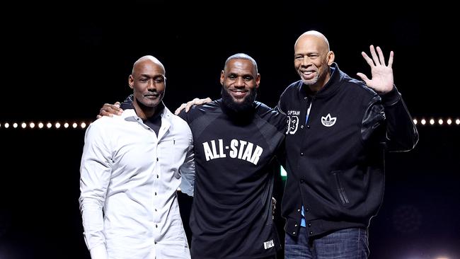 Malone, James and Abdul-Jabbar. Tim Nwachukwu/Getty Images/AFP