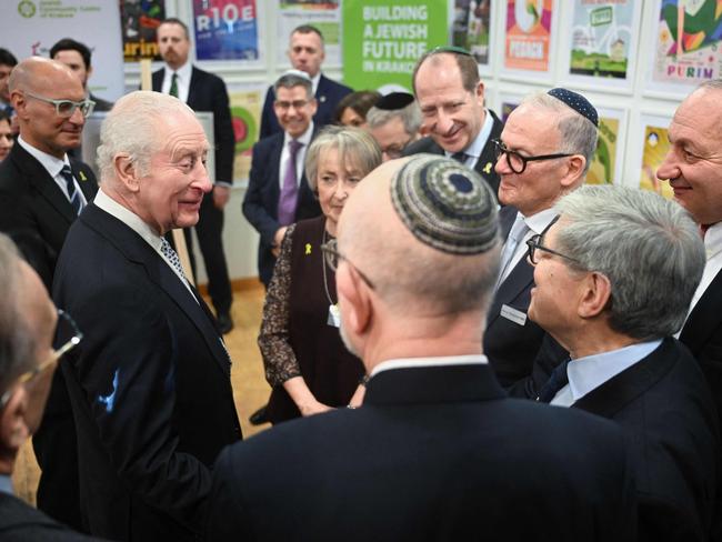 King Charles III visits the Jewish Community Centre (JCC) in Krakow, Polandto meet Holocaust survivors and to hear from volunteers and members about the centre’s support for people of all ages and backgrounds as part of its mission to rebuild Jewish life in the city. Picture: AFP