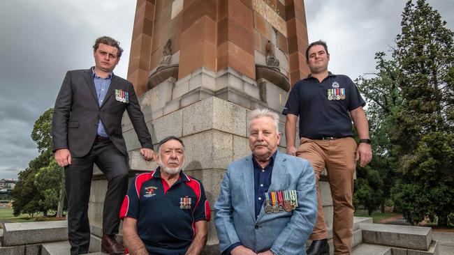 Veterans Laurence Quinn, John Torpey, Bob Soutter and Lucas Moon want the Anzac Day parade reinstated. Picture: Jason Edwards