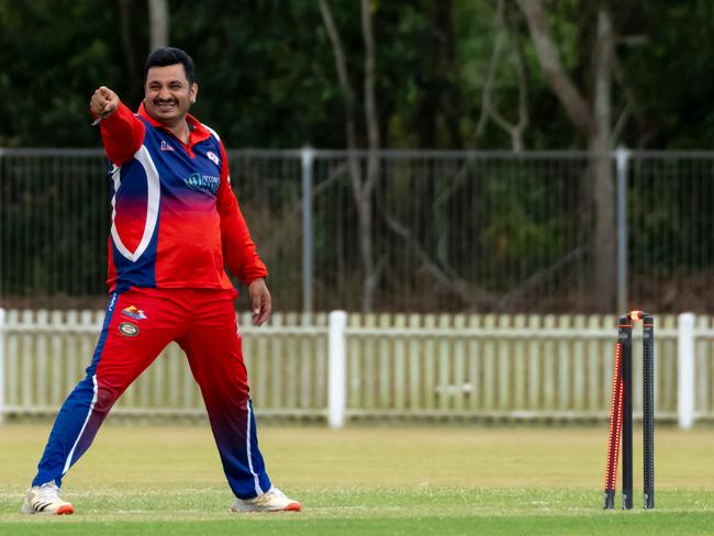 Vicky Lefty of Mulgrave celebrates during the Mens A grade match against Norths on Saturday. Picture Emily Barker.