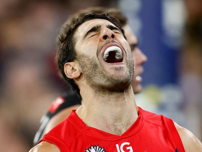 MELBOURNE, AUSTRALIA - APRIL 24: Christian Petracca of the Demons reacts during the 2024 AFL Round 07 match between the Richmond Tigers and the Melbourne Demons at the Melbourne Cricket Ground on April 24, 2024 in Melbourne, Australia. (Photo by Dylan Burns/AFL Photos via Getty Images)