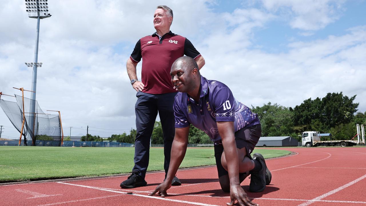 Tourism and Sport Minister, Michael Healy, pictured with with former Australian 100m sprint champion, Otis Gowa, will announce plans to build a sporting centre of excellence at Barlow Park today. Picture: Stephen Harman