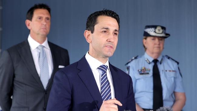 Premier David Crisafulli and Minister for Police Dan Purdie, at a news conference, at Upper Mount Gravatt Police Station, Logan Rd, Upper Mount Gravatt, - on Monday 5th May 2025 - Photo Steve Pohlner
