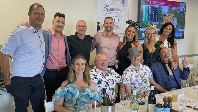 Melbourne Cup in Port Macquarie: Matt Haze, Pete Christophoro, Cameron Nankervis, Andrew Close, Amy Oliver, Lyndal Nankervis, Liz Munroe, Linda Picton, John James, Rob Leonard, and Stephano Walker at Tacking Point Tavern.