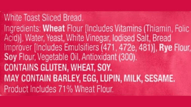 ALDI toast bread ingredients. Image: Supplied