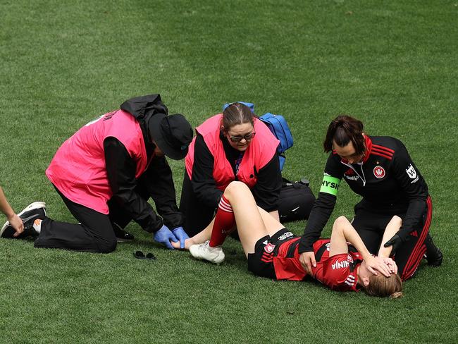 Wanderers’ Holly Caspers receives treatment for an injury. Picture: Getty Images