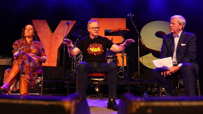 Anthony Albanese with Yes Campaign co-chair Rachel Perkins and journalist Ray Martin. Picture: Max Mason-Hubers