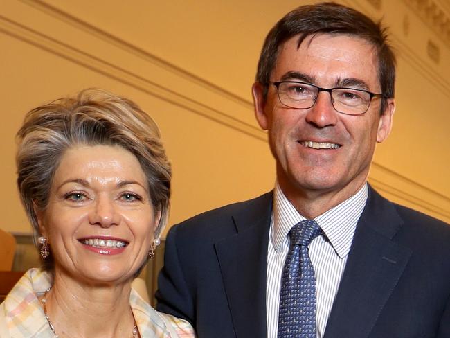 14/12/2016 Investment banker John Wyley and his wife Miriam with Ned Kelly's armour at the State Library of Victoria. They are making a multi-million donation to the Victorian State Library for a new gallery to house state treasures such as Ned Kelly's armour and Captain Cook's waistcoat.Picture  David Geraghty / The Australian.