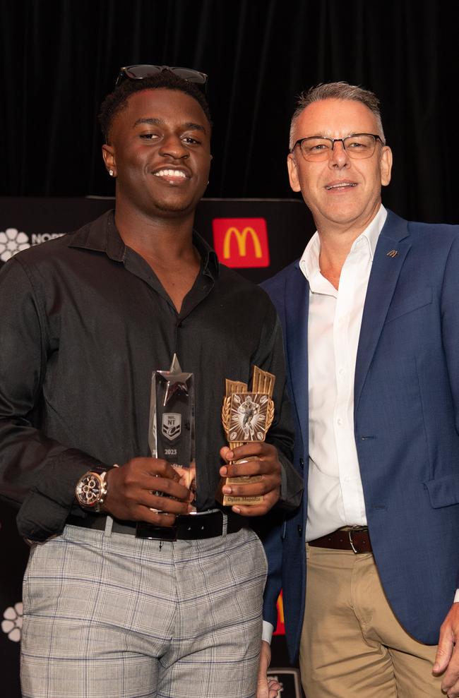 Phillip Coleman and Dylan Mugadza at the 2023 NRL NT Frank Johnson / Gaynor Maggs medal night. Picture: Pema Tamang Pakhrin