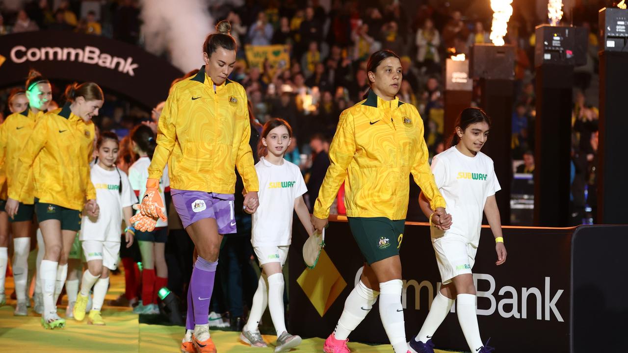 Sam Kerr of the Matildas leads her team out. Photo by Robert Cianflone/Getty Images.