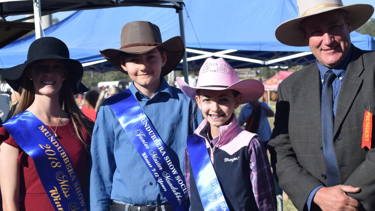 2018 Miss Showgirl winner Sara Darrow, Junior master of the show Markuss Cowburn, Junior Miss Showgirl 7-12yrs Alyssa Cowburn and president Ashley Maeyke at the Mundubbera show.