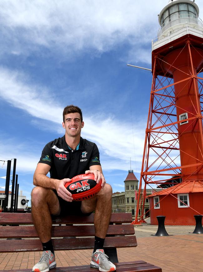 Port Adelaide announces a premier partnership with the Dock One Development, as new recruit Scott Lycett is happy to be back in his home state. Picture: Tricia Watkinson