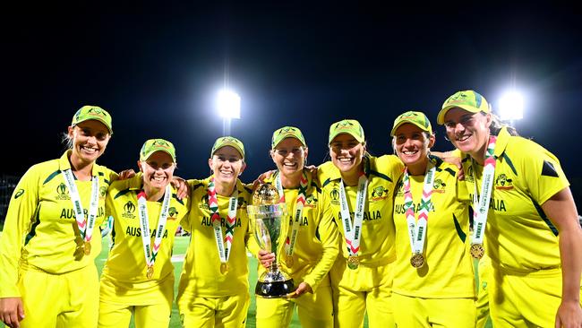 Australia with the ODI World Cup trophy they won in April this year.