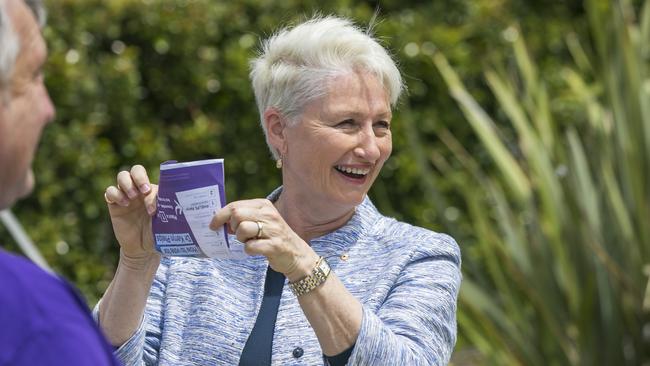 Independent candidate in the Wentworth by-election, Kerryn Phelps, at pre-polling at Waverly Oval today. Picture: Dylan Robinson