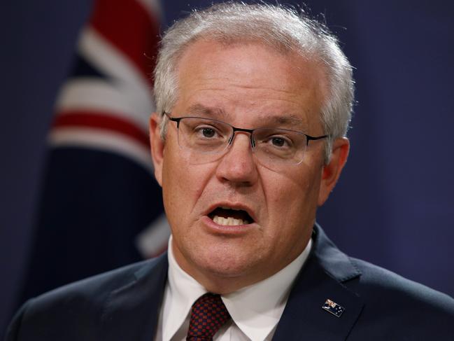 SYDNEY, AUSTRALIA - OCTOBER 16: Prime Minister Scott Morrison speaks during a press conference on October 16, 2020 in Sydney, Australia. Prime Minister Scott Morrison has confirmed repatriation flights would commence for Australians stuck in the UK, India and South Africa amid the global COVID-19 pandemic. (Photo by Lisa Maree Williams/Getty Images)