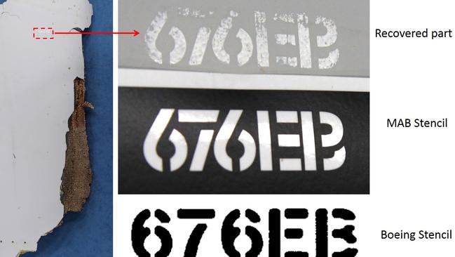 Analysis of an aircraft part found in Mozambique has determined the code fits with that stencilled on to MH370 by Malaysia Airlines. Picture: ATSB