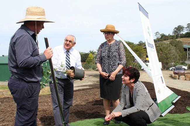 Lismore City Council waste operations coordinator (left) with Lismore MP Thomas George, Lismore Mayor Jenny Dowell, and NSW Environment Minister Robyn Parker. Picture: Hamish Broome