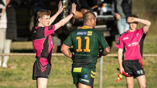 Mittagong’s Liam Cassidy is sent to the bin after a dangerous tackle in round five. Picture: Julian Andrews.