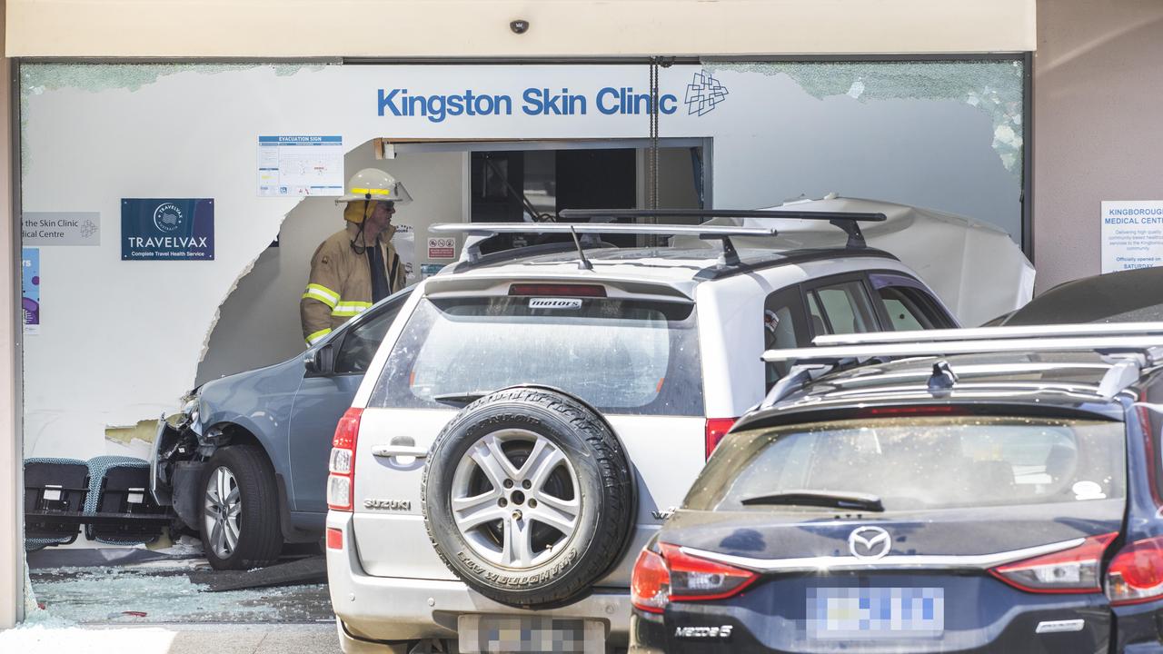 Three cars were involved in a collision with one car smashing inside the Kingborough Medical Centre,. Picture: Chris Kidd