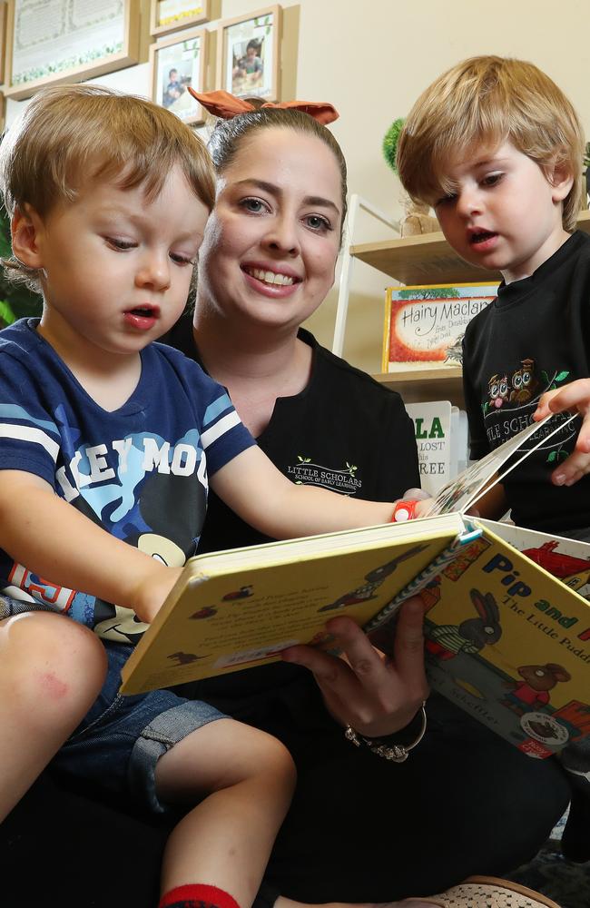 Early childhood teacher Samantha Dougherty with kids Bastien Ward, 2, and Xavier Batty, 2, at Little Scholars, Redland Bay. Photographer: Liam Kidston.