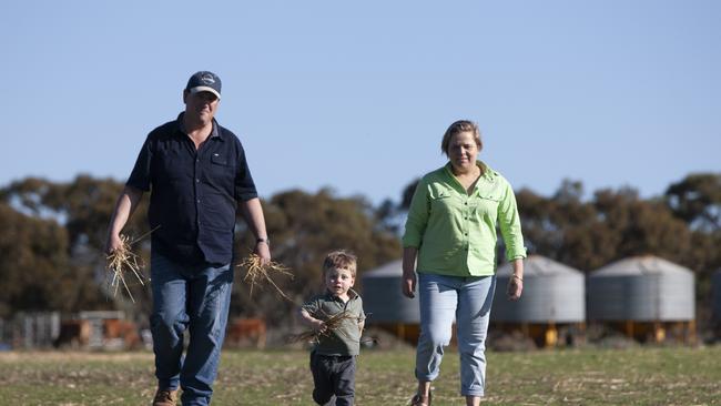 Bush summit family; Young farming family from Eudunda - he is fifth generation. Karl Zerner, wife Emily Buddle and toddler Charlie, 21 months. 10th August 2024. Picture: Brett Hartwig