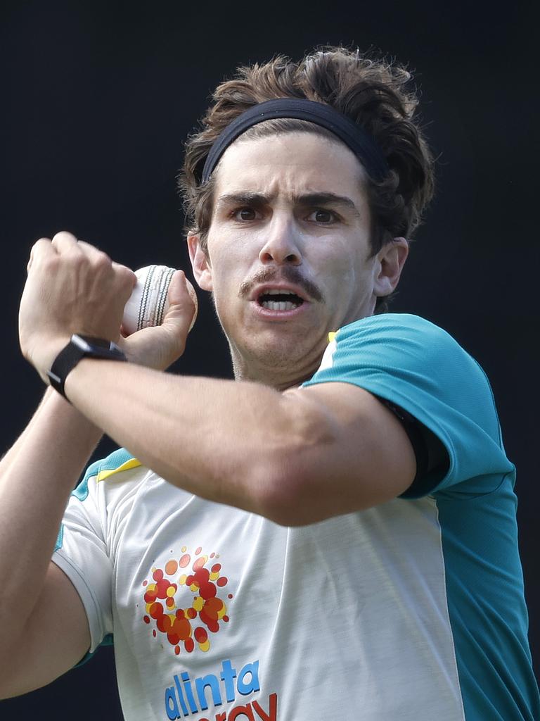 Sean Abbott charges in at Aussie training. Picture: Phil Hillyard.