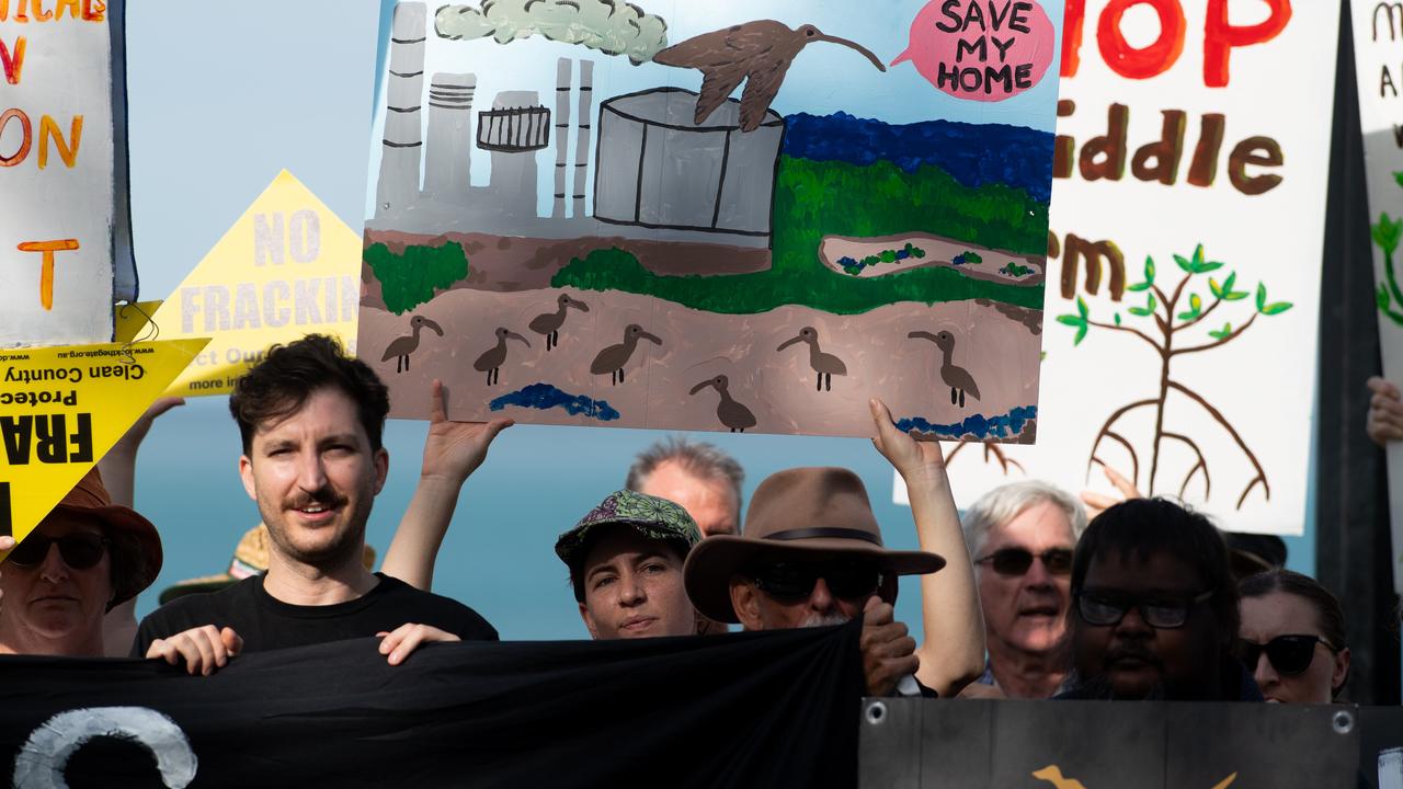 More than a hundred gathered to protest Middle Arm ahead of the second day of public hearings about the proposed development in Darwin. Picture: Pema Tamang Pakhrin