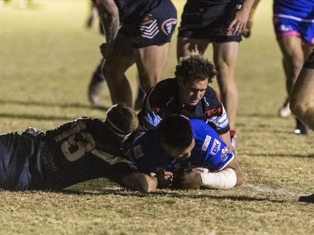 Jayma Douglas-Webb crashes through for Newtown to try against Warwick in TRL A grade round 10 rugby league at Jack Martin Centre, Saturday, June 19, 2021. Picture: Kevin Farmer