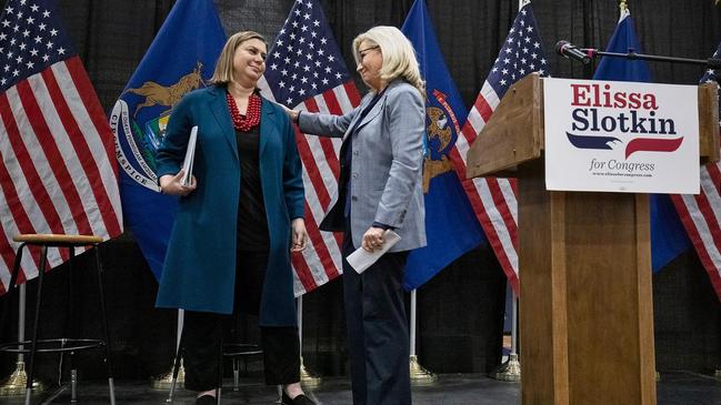 Elissa Slotkin, a Democrat candidate in Michigan, receives the backing of Liz Cheney at a campaign event. Picture: Getty Images