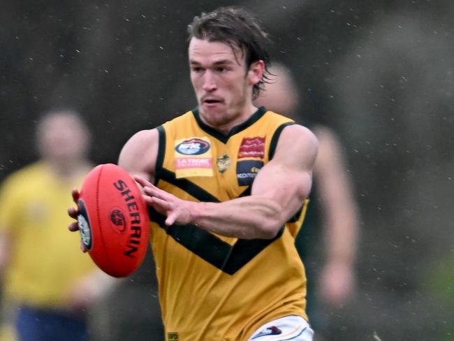 KinglakeÃs Bailey Robinson during the NFNL Old Eltham Collegians v Kinglake football match in Research, Saturday, June 29, 2024. Picture: Andy Brownbill