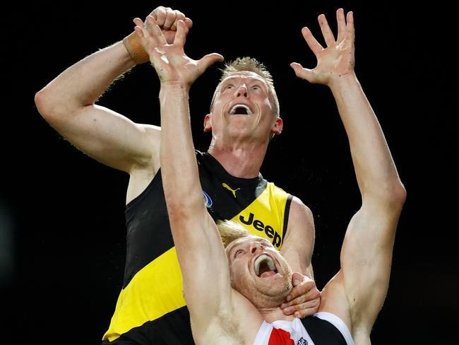 Dylan Grimes and his fists of fury loom as a thorn in the Cats’ side. Picture: AFL Photos/Getty Images