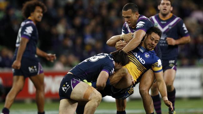 Jarryd Hayne was subject of a questionable tackle by Will Chambers. Picture: AAP