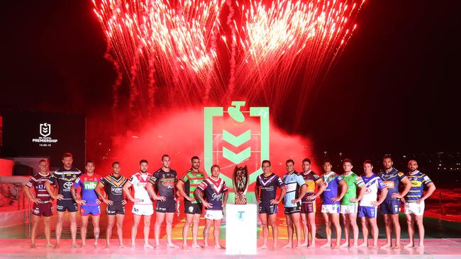 The 16 captains during the 2019 NRL launch at Bondi Icebergs. Picture: Brett Costello