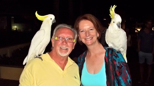 Former Prime Minister Julia Gillard with Davvyd Brow and Henry Cockathree and Nancy Cockatwo and a half.