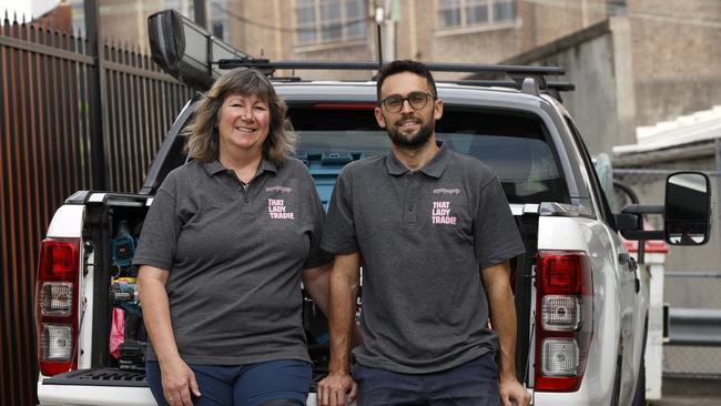 That Lady Tradie owner Michelle Hargreaves and worker Javier Casa in Rozelle, tradies are struggling to operate their business as fuel prices soar and make it harder to run their vehicles. Picture: Jonathan Ng