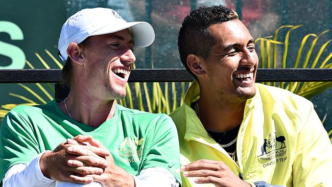 John Millman (left) and Nick Kyrgios share a laugh during Davis Cup duties back in 2015. Picture: Elise Derwin