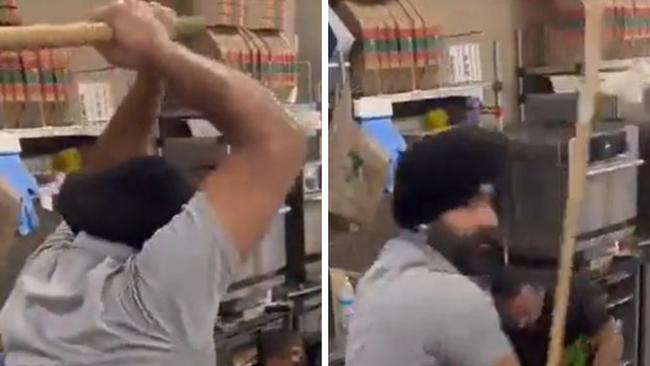 Viral video shows an alleged thief being beaten with a stick by two7-Eleven store clerks in Stockton, California. Picture: Twitter