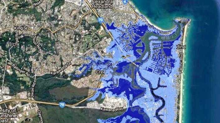 RISING: Predicted Maroochydore-Wurtulla sea level rise effects. Dark blue: 2013 worst-case of 0.74m sea level rise. Light blue: 2017 worst-case of 2m sea level rise. Picture: Coastal Risk Australia