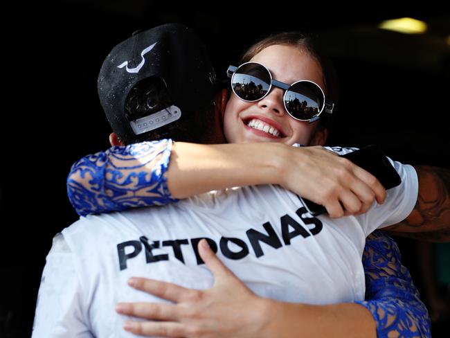 Lewis Hamilton shares a congratulatory with model Barbara Palvin.