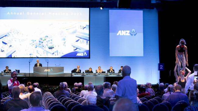 ANZ’s 2023 AGM saw protesters break out with circus performers. Picture: Arsineh Houspian