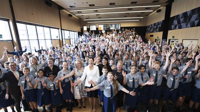 All students with parents, school staff and Premier of Queensland Annastacia Palaszczuk. First day at Fortitude Valley State Secondary College. 585 St Paul's Terrace and Brookes St, Fortitude Valley, Brisbane, 28th of January 2020. (AAP Image/Attila Csaszar)