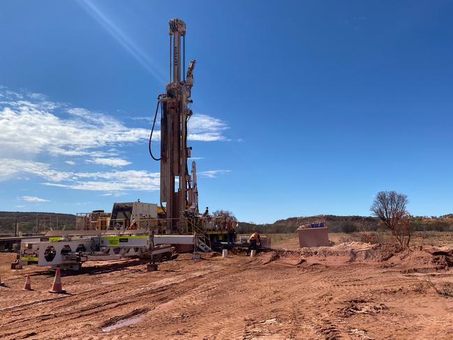 More than $34m will be invested to improve water security in 10 remote Indigenous communities across the NT as part of the Better Bores for Communities program. Pictured is a bore drilling rig and set-up used for water source exploration in Yuendumu, a separate project. This setup is indicative of the equipment and techniques that will be used in the Better Bores for Communities program. Picture: Supplied.