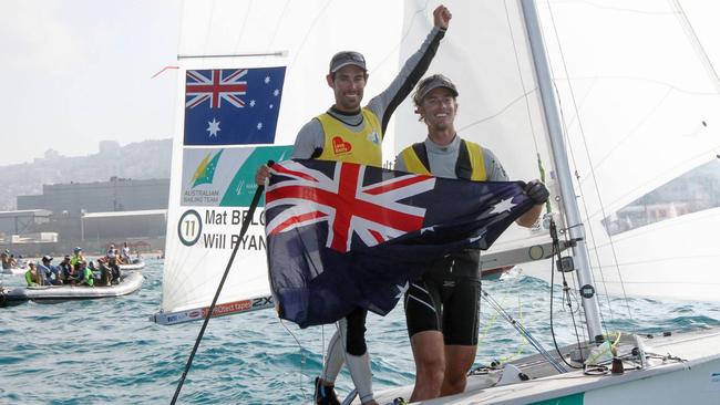 Mat Belcher and Will Ryan after claiming their third successive world championship title together in Israel in 2015.