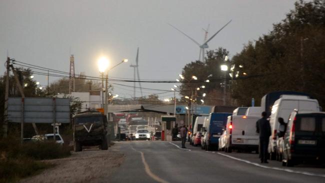 A checkpoint on Wednesday in the town of Armyansk in the north of Moscow-annexed Crimean peninsula bordering the Russian-controlled Kherson region. Picture: AFP