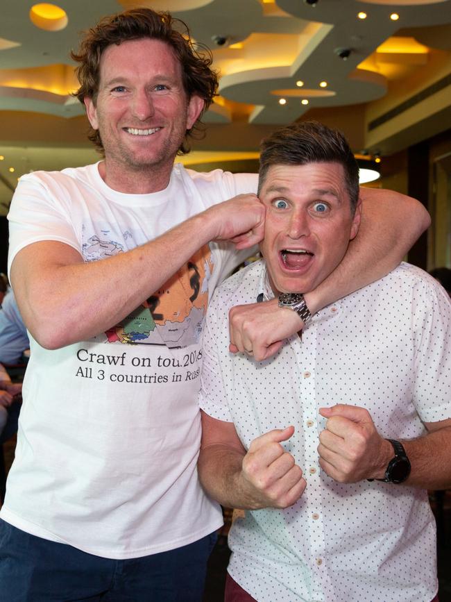 Podcast partners James Hird and Shane Crawford. Picture: Fiona Hamilton Photography/Supplied