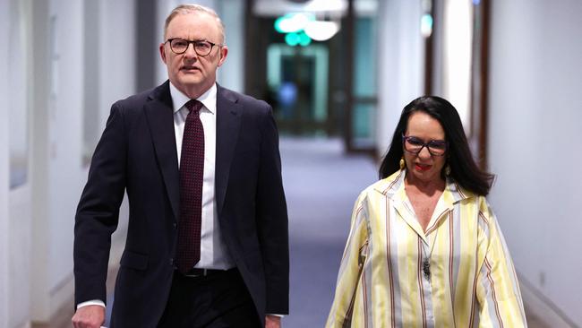 Anthony Albanese and Linda Burney walk to a media conference on Saturday to address the referendum result. Picture: AFP