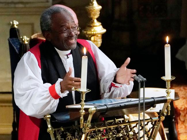 Bishop Michael Bruce Curry gives a reading during the ceremony — and steals the show. Picture: AFP/Owen Humphreys